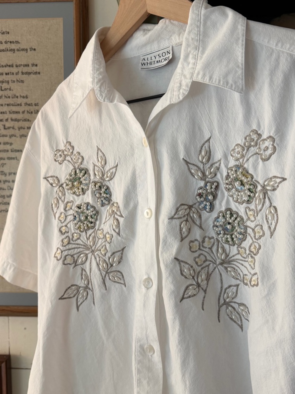 Vintage White Pearl & Silver Embroidered Floral Beaded Blouse Cottagecore